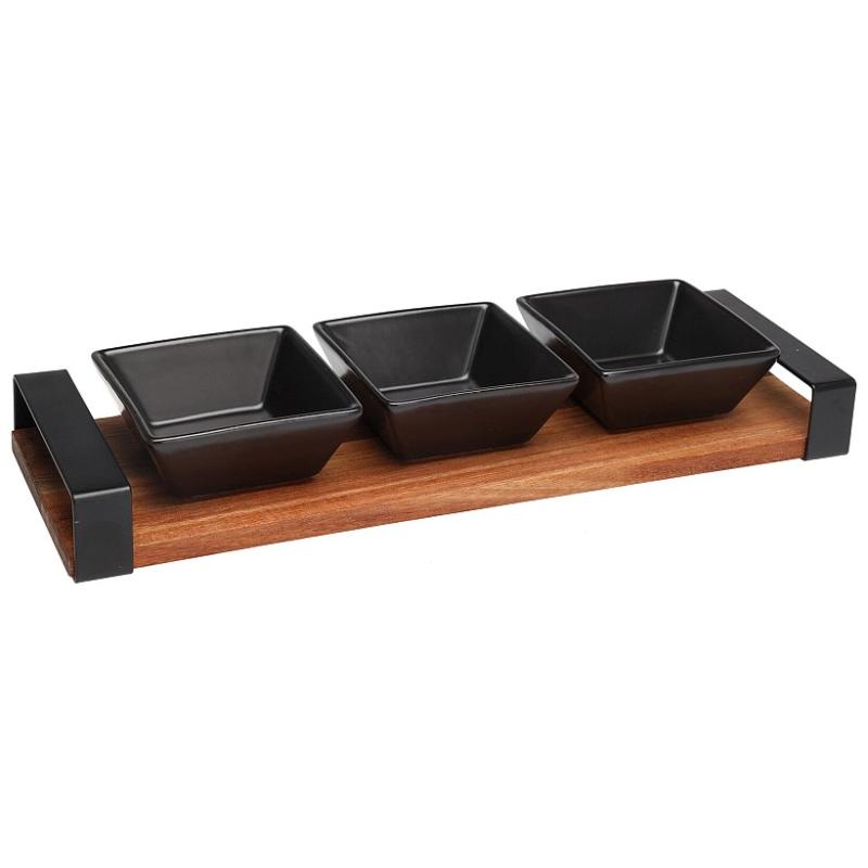 Excellent Houseware Servírovací misky na akátovém podnose sada 4 ks