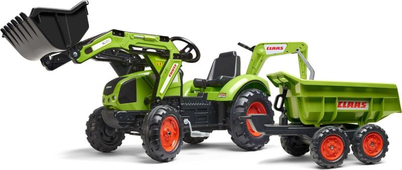 Falk šlapací traktor 2070W Claas backhoe s přední a zadní lžící a přívěsem