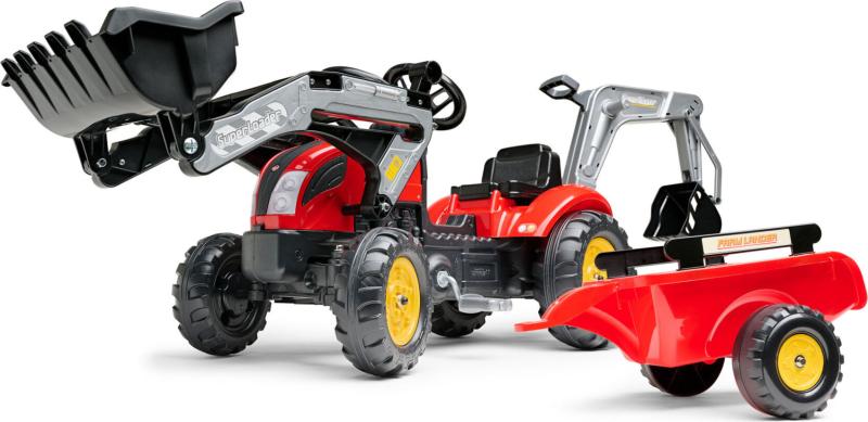 Falk Šliapací traktor Vintage 2058N so škrabkou, bagrom a prívesom, červený