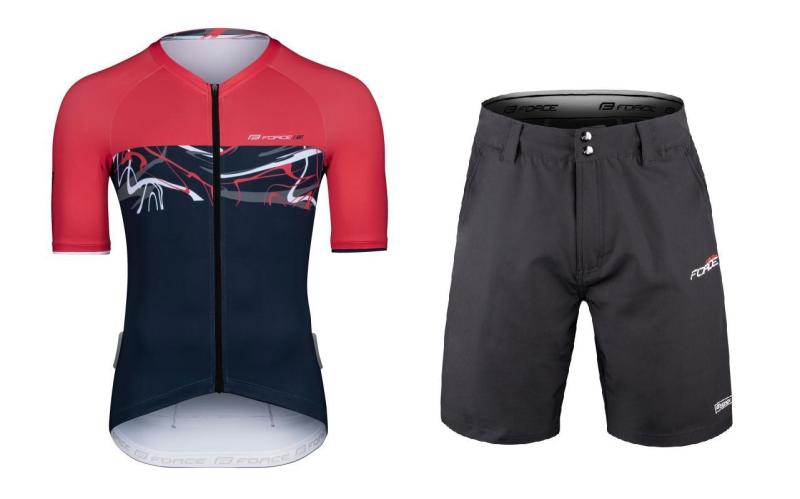 Force ART tm. modro-červený cyklodres - kr. rukáv + Force BLADE MTB čierne cyklokraťasy