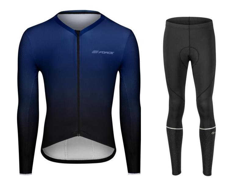 Force SMOOTH modro-černý cyklodres - dlouhý rukáv + Force MAZE černé cyklokalhoty