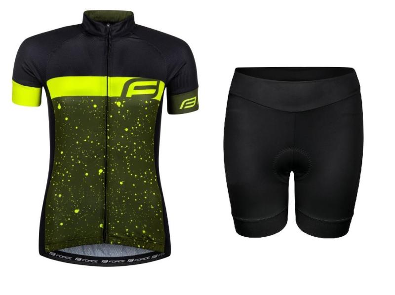Force SPRAY LADY army-fluo cyklodres + Force CHARM LADY čierne cyklokraťasy