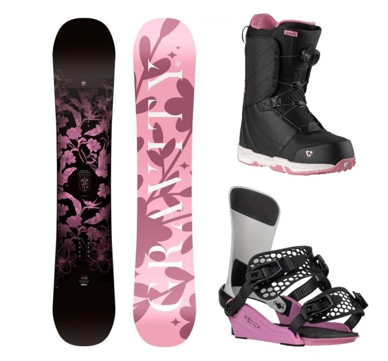 Gravity Empire 24/25 snowboard + Gravity Fenix grey/rose viazanie + Gravity Aura Atop black/rose topánky + zľava 400,- na príslušenstvo