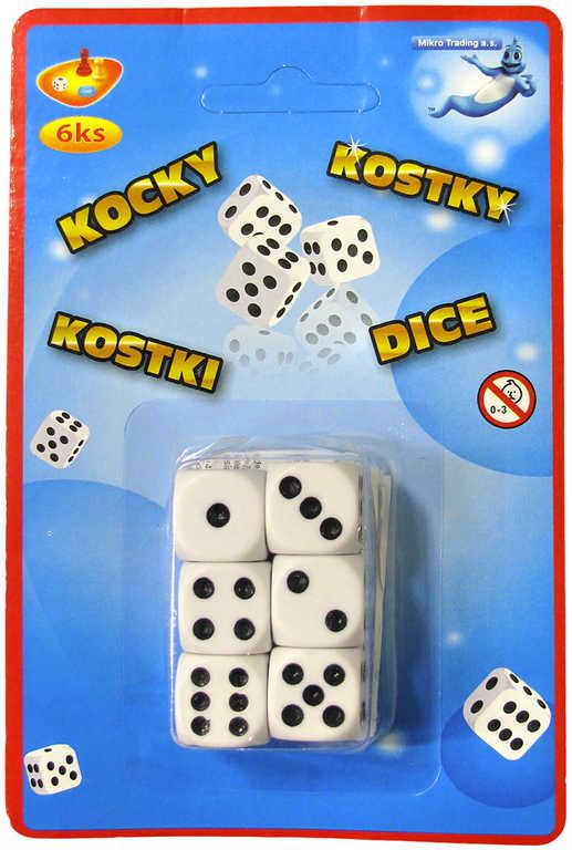 Hra Kostky hrací bílé 16mm set 6ks na kartě plast (společenská hra)