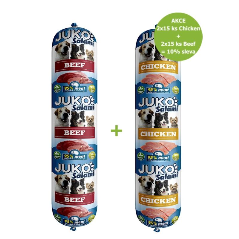 JUKO Salami Chicken (kuřecí) 2 x15 ks + Beef (hovězí) 2 x15 ks - %
