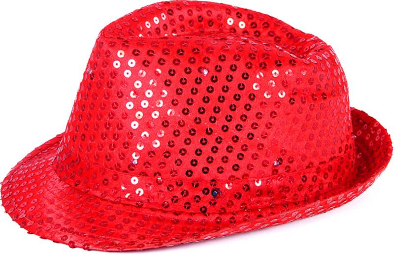 KARNEVAL Klobouk disco červený s flitry na baterie barevné LED Světlo