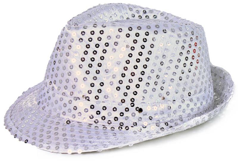 KARNEVAL Klobouk disco stříbrný s flitry na baterie barevné LED Světlo