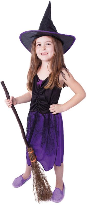 KARNEVAL Šaty čarodějnice fialové s kloboukem vel. M (116-128cm) 6-8 let KOSTÝM