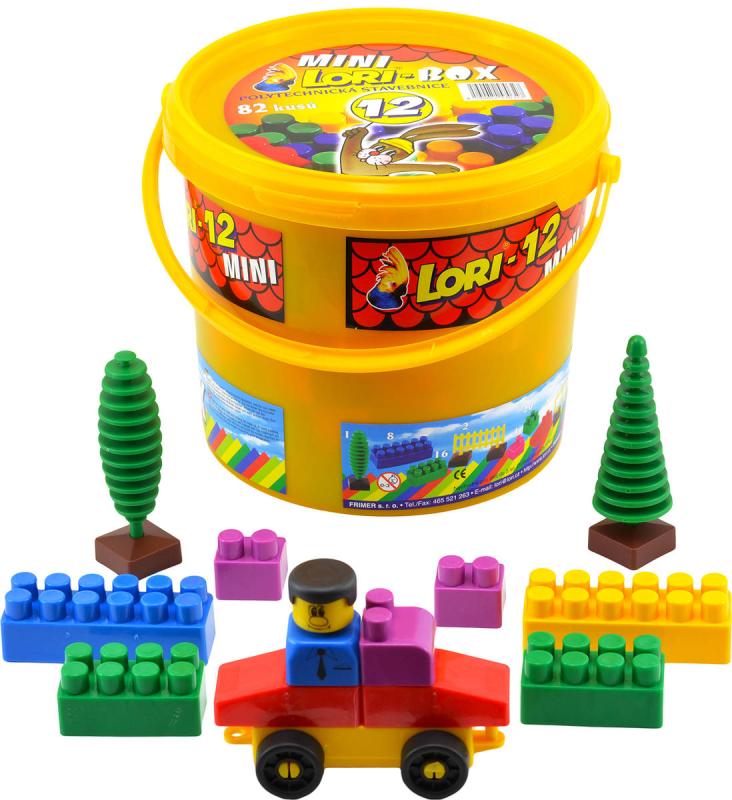 Lori 012 Stavebnice polytechnická 12 barevné kostky set 82ks v kyblíku