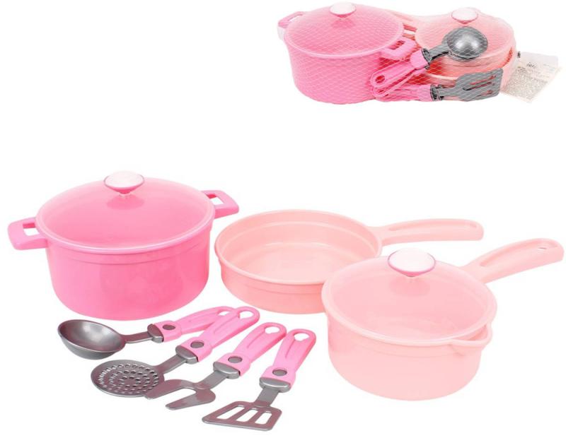 Nádobí baby dětské růžové set 2 hrnce s pánví a doplňky plast