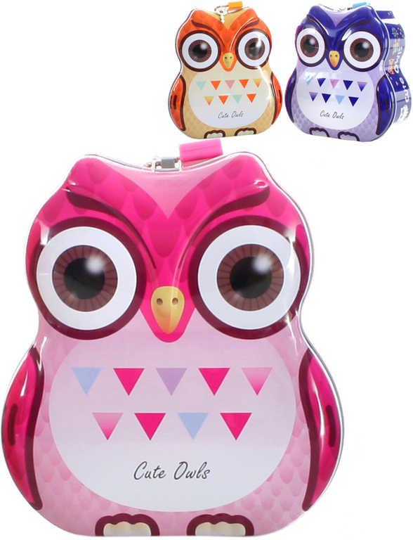 Pokladnička sovička set se 2 klíčky plechová kasička kov 3 barvy