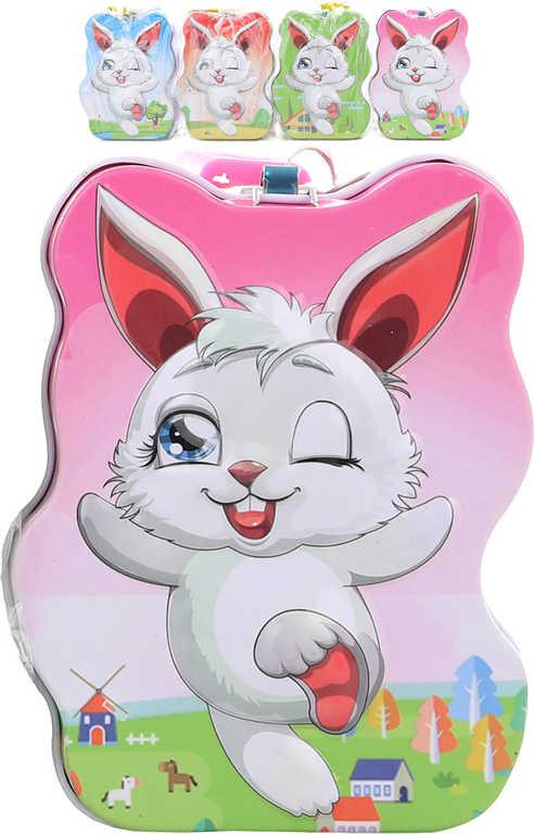 Pokladnička zajíček 11cm dětská plechová kasička na zámek 4 barvy