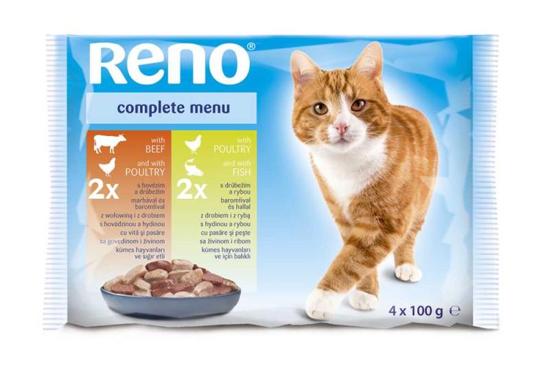 RENO Cat hovězí / drůbeží, drůbeží / ryba, kapsa 100 g (4 pack) (bal. 13x sáček)