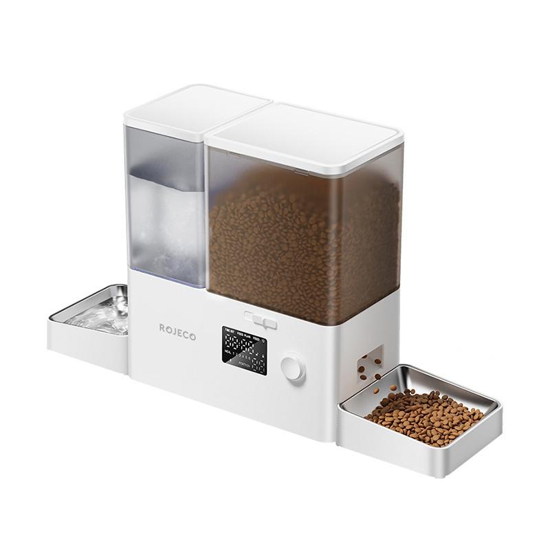 Rojeco 2 v 1 Fontána na vodu pro domácí mazlíčky 3,5 l a krmítko 5 l Button Verson (bílá)