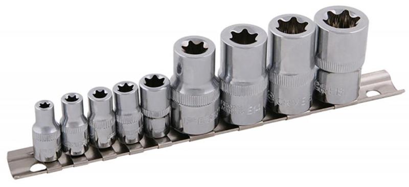 Sada 1/4", 1/2" 9díl. hlavic TORX, E5-E18