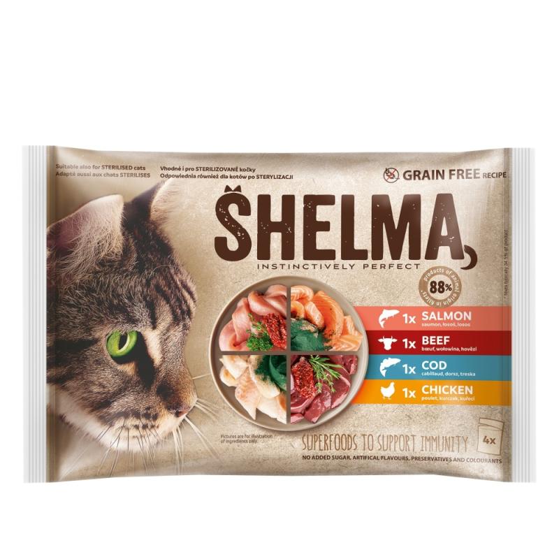 SHELMA Cat kuře, hovězí, losos a treska, kapsa 85 g (4 pack) (bal. 15 ks)