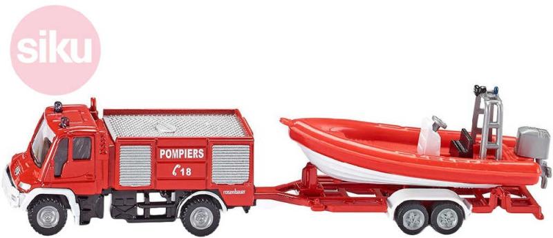 Siku Auto hasiči Unimog s přívěsem s člunem 1:87 kovové 1636