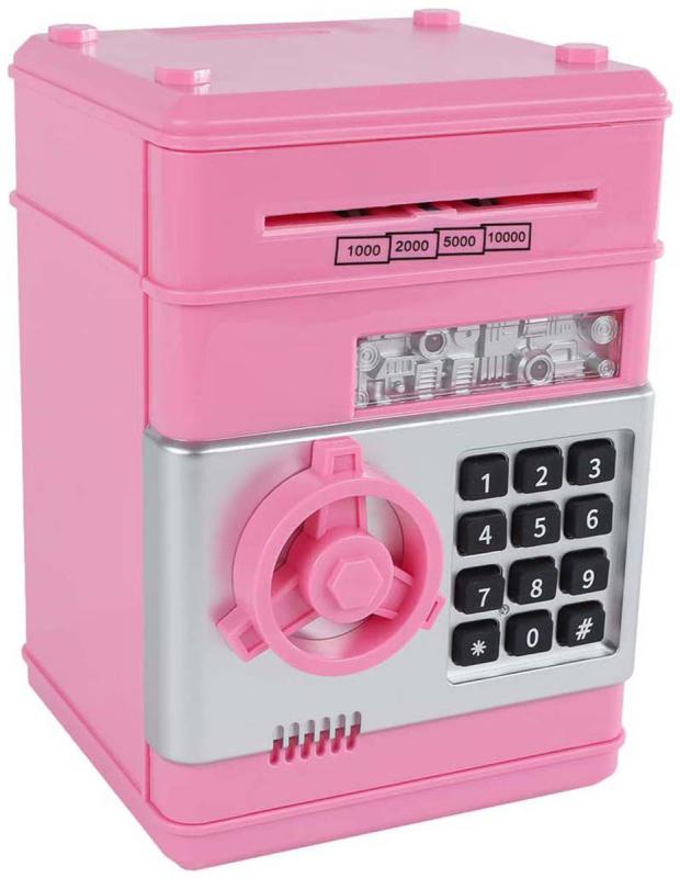 Trezor růžový s odemykáním na kód set s penězi na baterie Světlo Zvuk