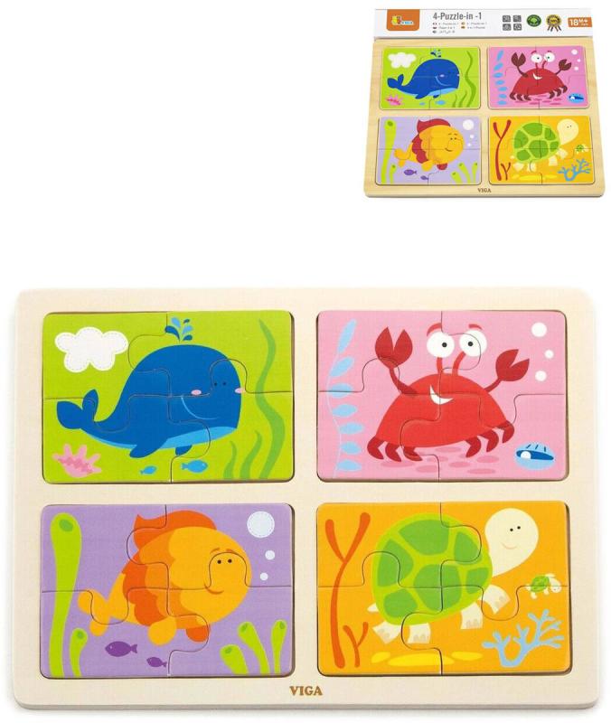 Viga DŘEVO Puzzle na desce 4v1 mořská zvířátka baby skládačka 16 dílků