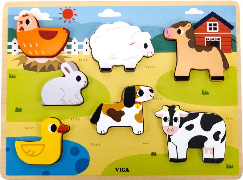 Viga DŘEVO Vkládačka baby puzzle vkládací na desce zvířátka farma 7 dílků