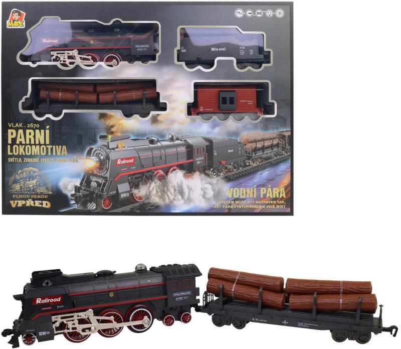 Vlaková souprava nákladní parní s kolejemi kouřící na baterie Světlo Zvuk