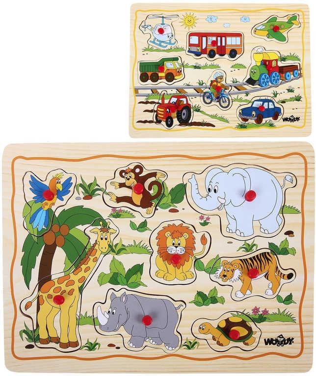 Woody DŘEVO Baby puzzle vkládací na desce s úchyty 8 dílků různé druhy