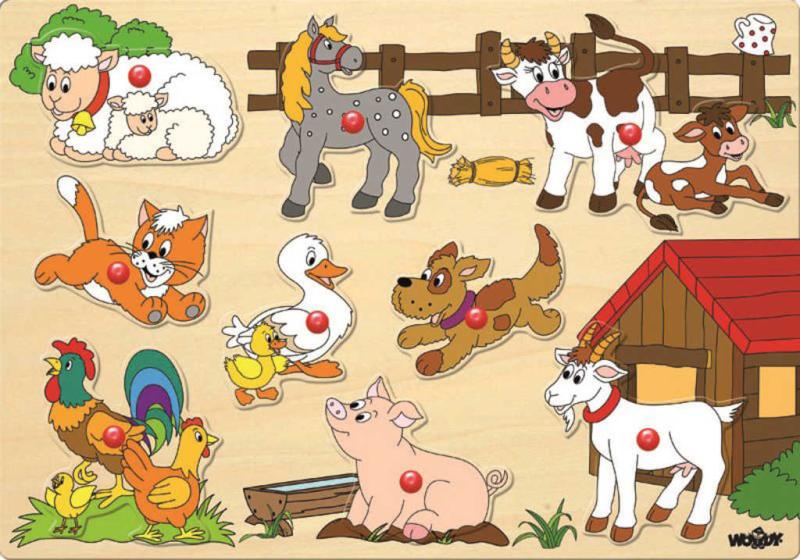 Woody DŘEVO Baby puzzle vkládací zvířata 9 dílků s úchyty na desce