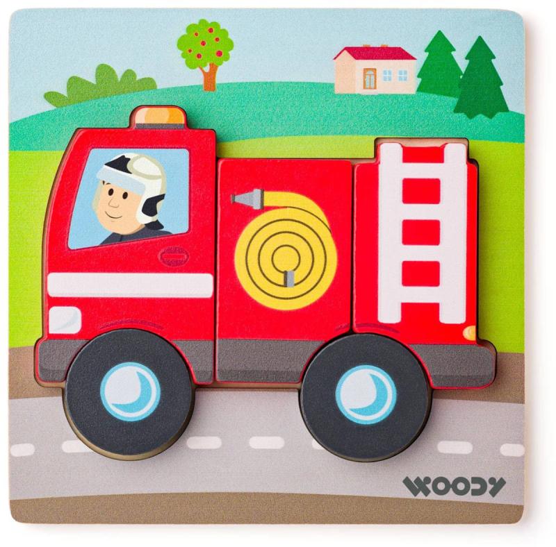 Woody DŘEVO Baby vkládací puzzle auto hasiči skládačka 5 dílků na desce