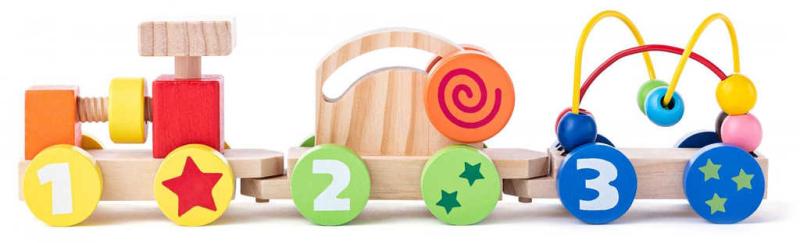 Woody DŘEVO Baby vláček se šroubem s aktivitami (dřevěná hračka)