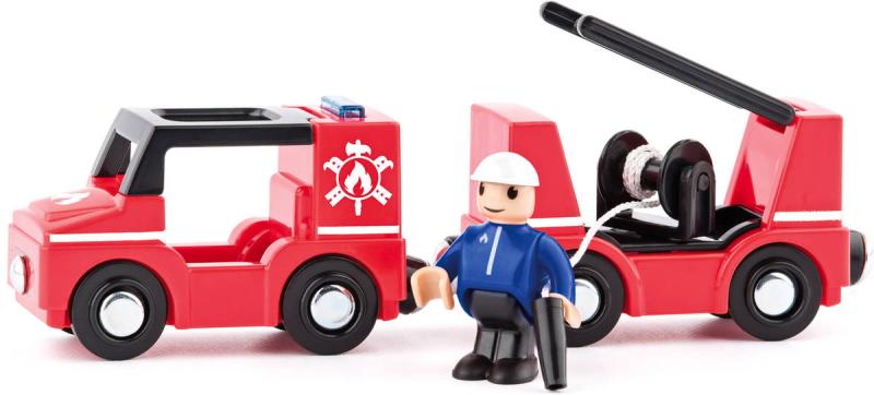 Woody DŘEVO Hasiči set autíčko s vagonkem a figurkou doplněk k vláčkodráze