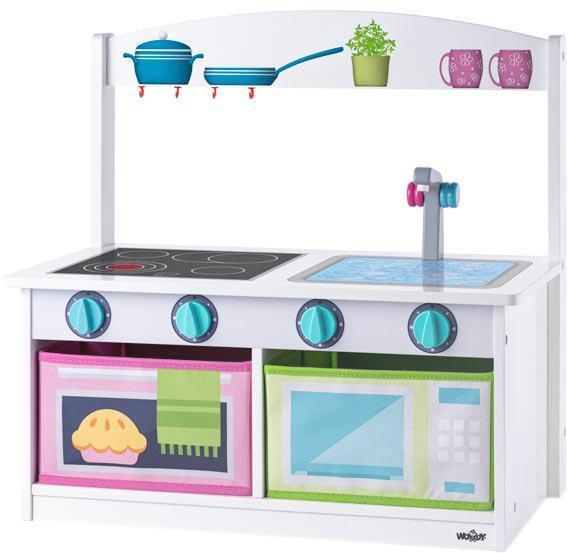 WOODY DŘEVO Kuchyňka úložná lavice s opěrátkem 2v1 (dřevěná hračka)