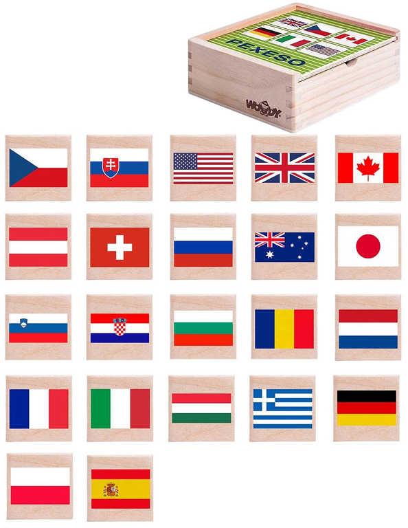Woody DŘEVO Pexeso vlajky států 44ks dřevěný box (společenská hra)