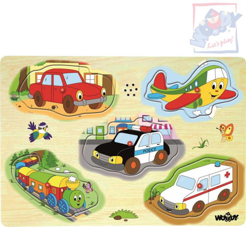 Woody DŘEVO Puzzle muzikální dopravní prostředky zvukové set 5 dílků