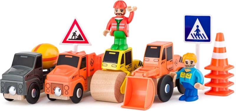 Woody DŘEVO Stavební stroje set 4 autíčka se 2 figurkami doplněk k vláčkodráze