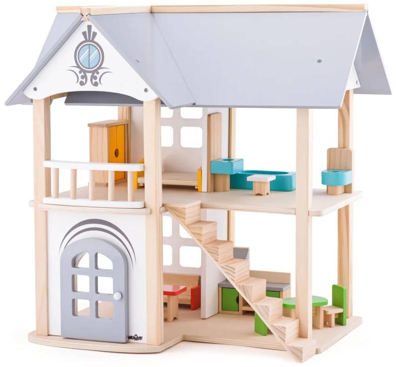 Woody DŘEVO Vila Isabelle set s nábytkem a 2 panenkami (dřevěná hračka)