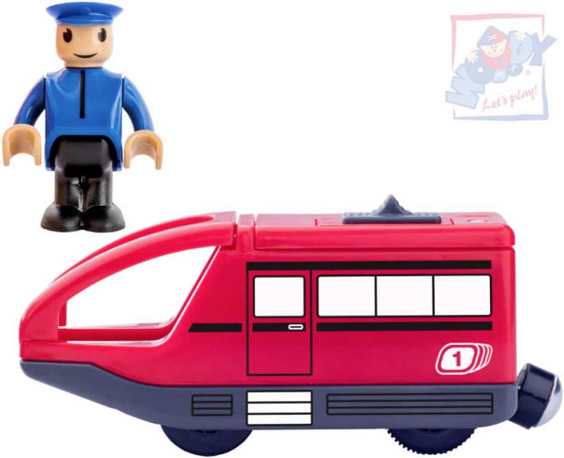 Woody DŘEVO Vlaková sada mašinka moderní elektrická červená + strojvedoucí